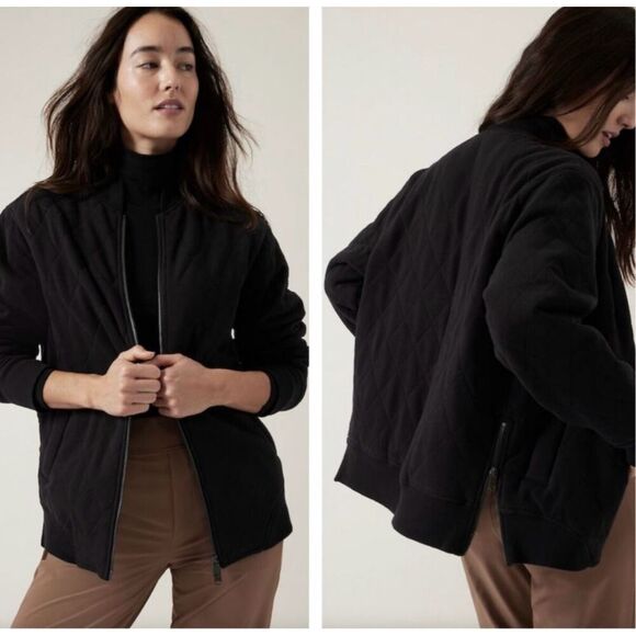 Athleta Jackets & Blazers - Athleta Retroplush Quilted Bomber Jacket Size Medium Black Cotton Fleece